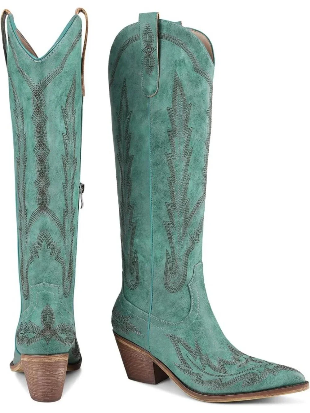 Women's Teal Embroidered Pull On Casual Mid Heel Round Toe Cowgirl Boots - Picture 4 of 7